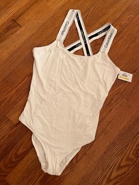 Calvin Klein White Logo-Trim Crossback Bodysuit